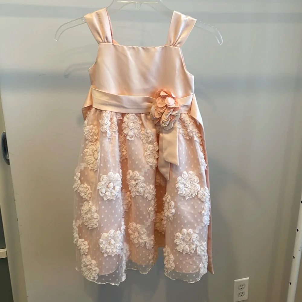 Bonnie Jean Girls Lace Floral Pink Satin Dress, Size 6, EUC, Flower Girl Dress